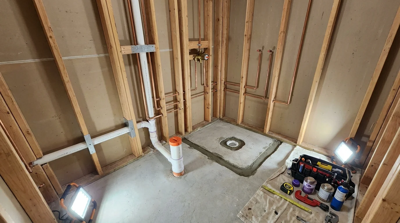 Bathroom rough-in plumbing during remodel by Johns Plumbing LLC in Glastonbury