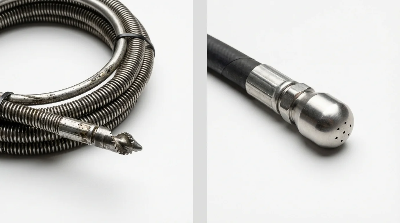 Drain snake cable and hydro jetting nozzle used for drain cleaning in Glastonbury, CT