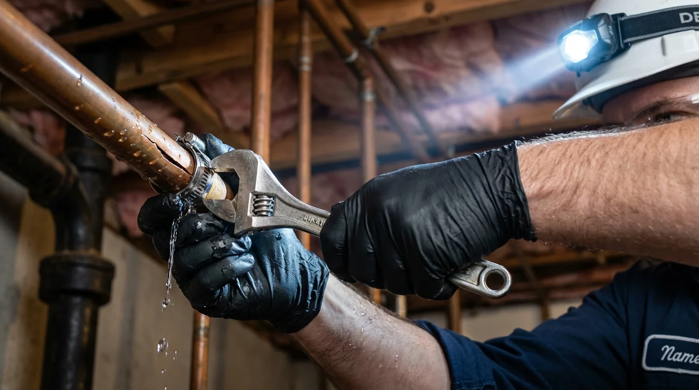 Emergency pipe clamp repair being performed by a Johns Plumbing LLC plumber in Glastonbury