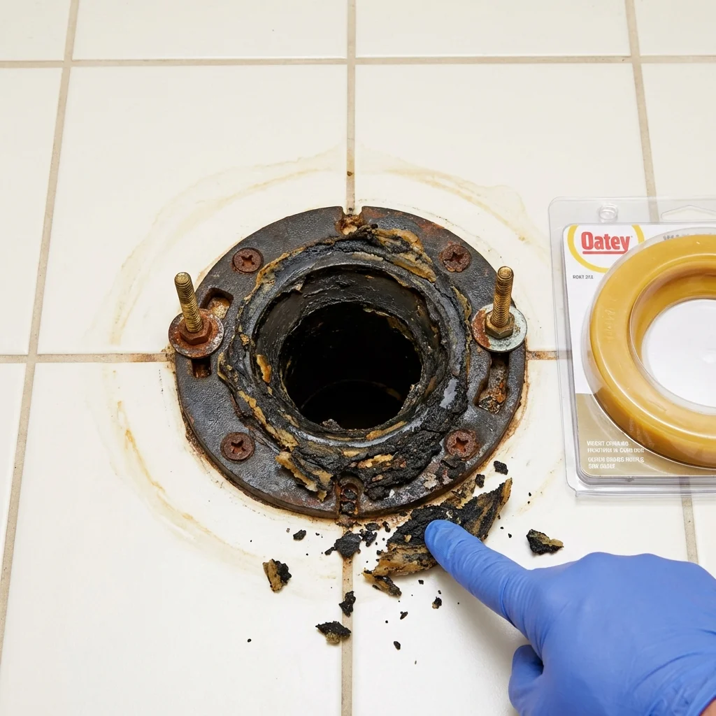 Failed wax ring showing water seepage at the base of a toilet in a Glastonbury, CT home